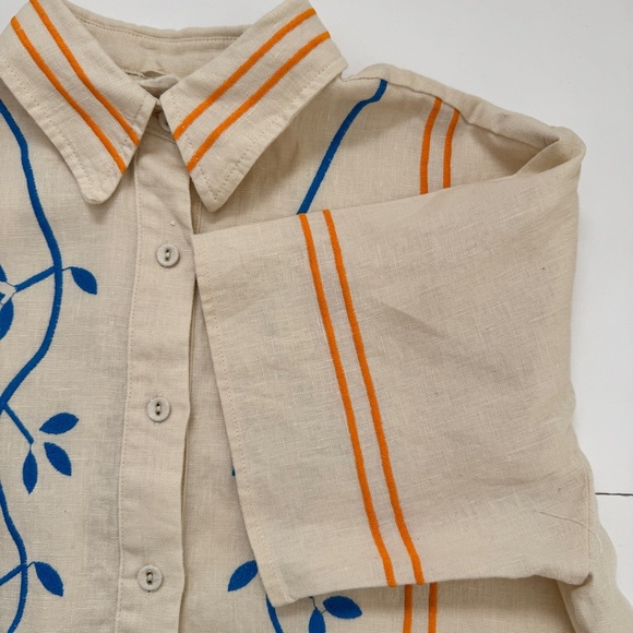 VRG Grl Blouse Sunsets Capri Linen Natural Button Down Collared Embroidered Sz 8 - Picture 11 of 16